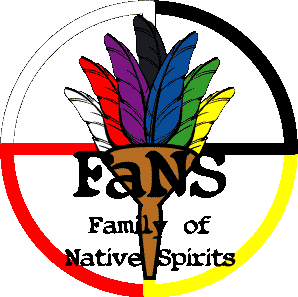 Family of Native Spirits logo with feather fan and medicine wheel